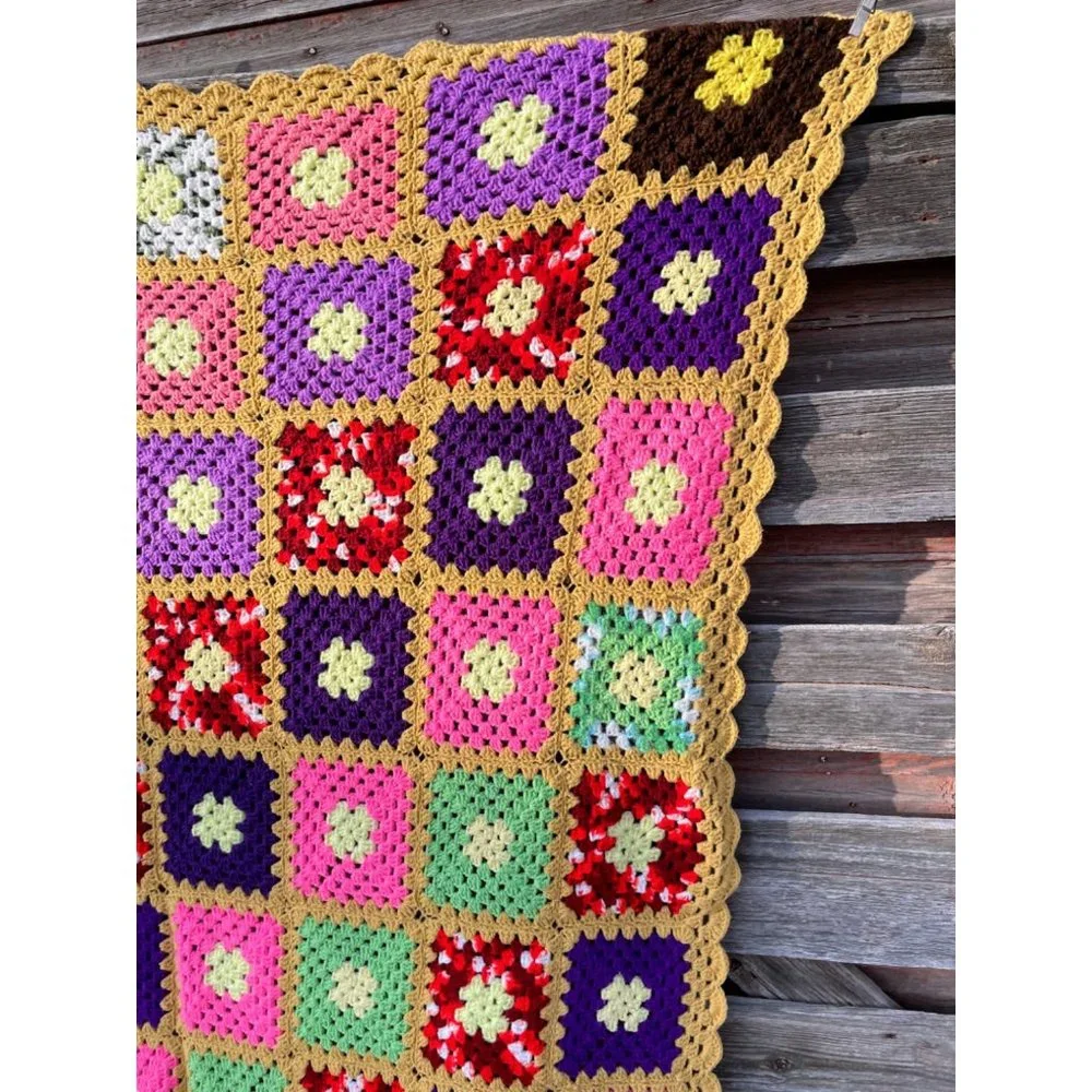 Vintage Colorful Granny Square Crochet Afghan 75x56" - Picture 15 of 16